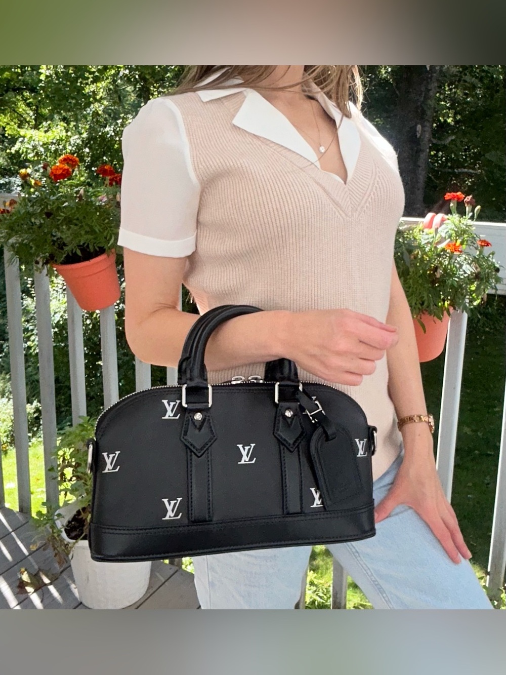 LOUIS VUITTON Alma LV Blason Monogram East West Calfskin Leather Handbag Black